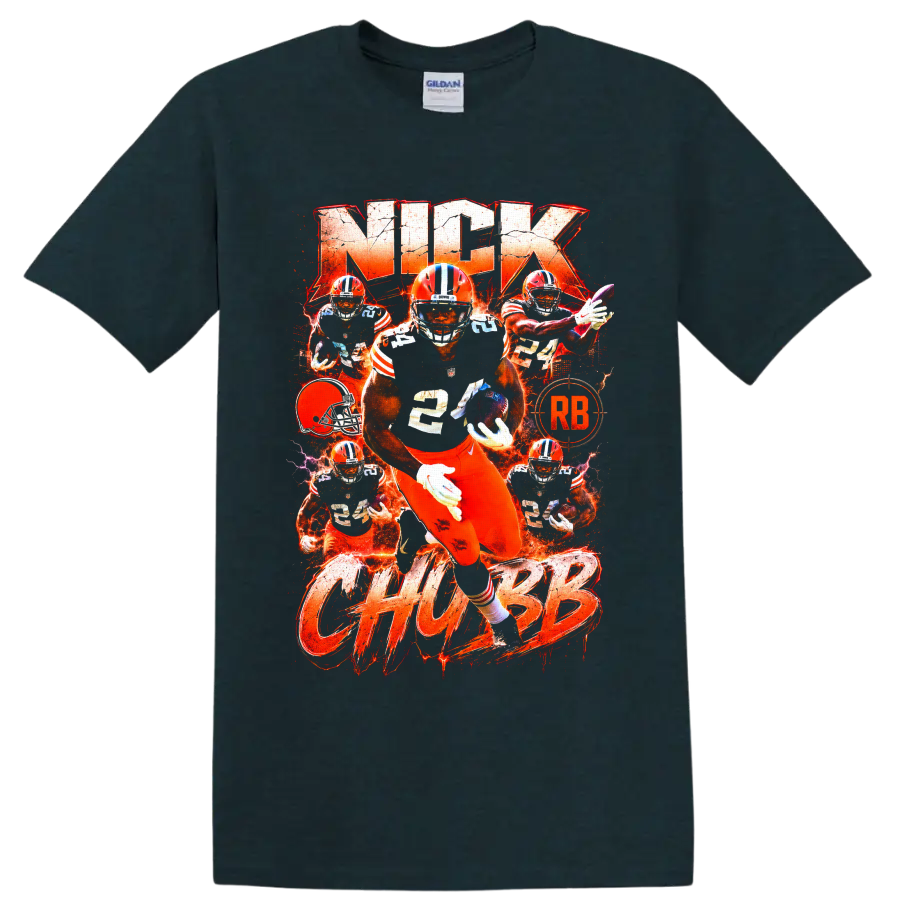 Nick Chubb Cleveland Browns running back action collage with fiery orange typography on a Midnight (Green) T Shirt