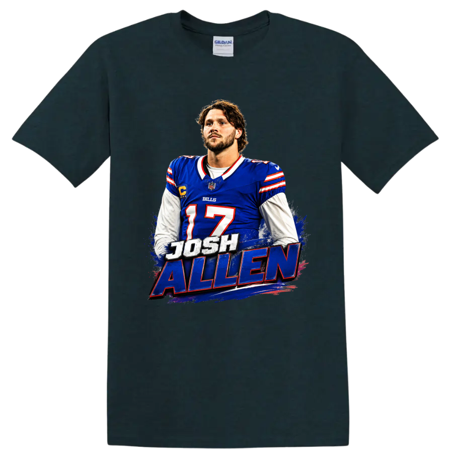Josh Allen Buffalo Bills quarterback graphic with number 17 and distressed name lettering on a Midnight (Green) T Shirt