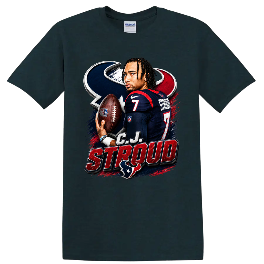 C.J. Stroud Houston Texans quarterback graphic with football, number 7, and team mark on a Midnight (Green) T Shirt
