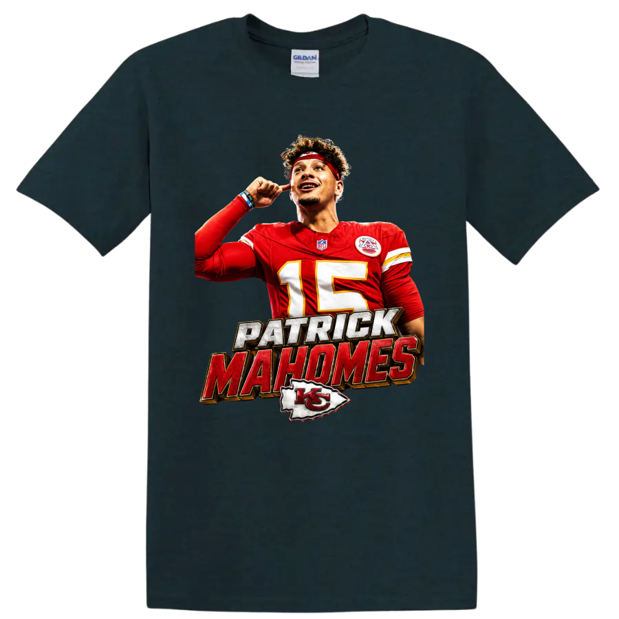 Patrick Mahomes Chiefs number 15 football graphic with bold name lettering and arrowhead on a Midnight (Green) T Shirt