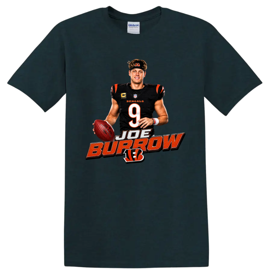 Joe Burrow Bengals quarterback graphic with number 9, football, and bold name lettering on a Midnight (Green) T Shirt