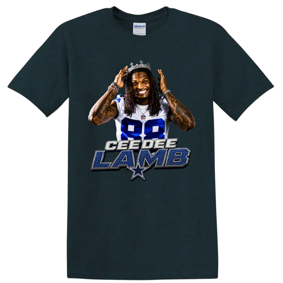 CeeDee Lamb Dallas Cowboys 88 portrait wearing a crown above jewel-style name art on a Midnight (Green) T Shirt