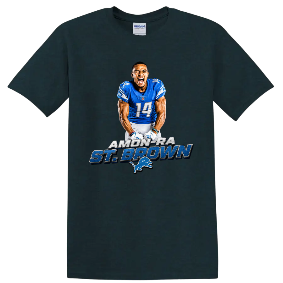 Amon-Ra St. Brown Detroit Lions wide receiver graphic with name lettering and lion emblem on a Midnight (Green) T Shirt