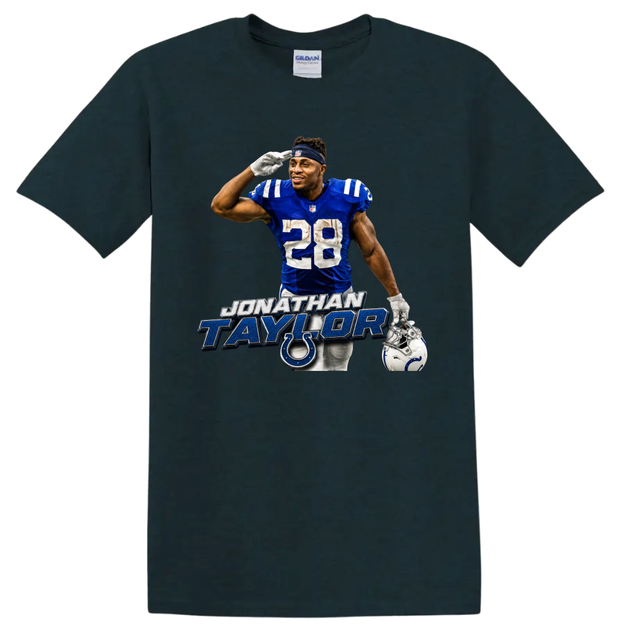 Jonathan Taylor Colts number 28 football player graphic with horseshoe emblem on a Midnight (Green) T Shirt
