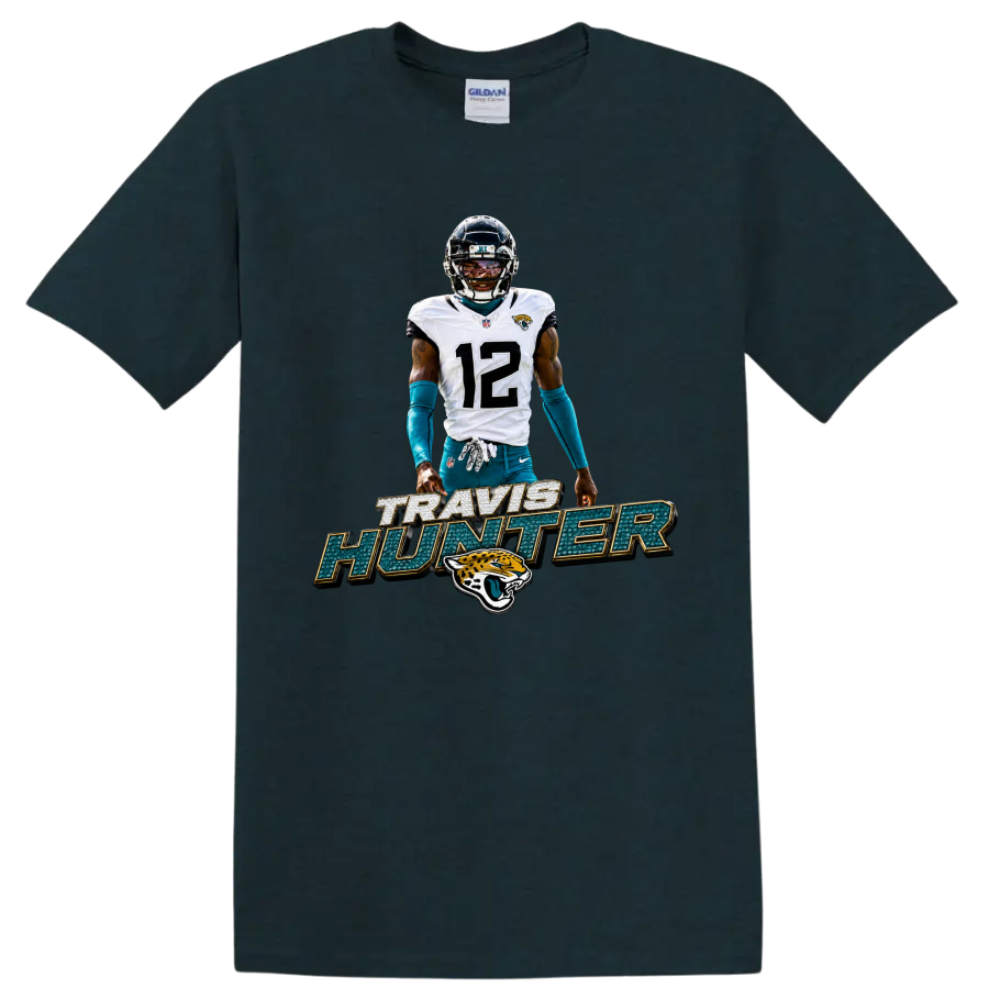Travis Hunter Jaguars number 12 football player graphic with bold name lettering on a Midnight (Green) T Shirt