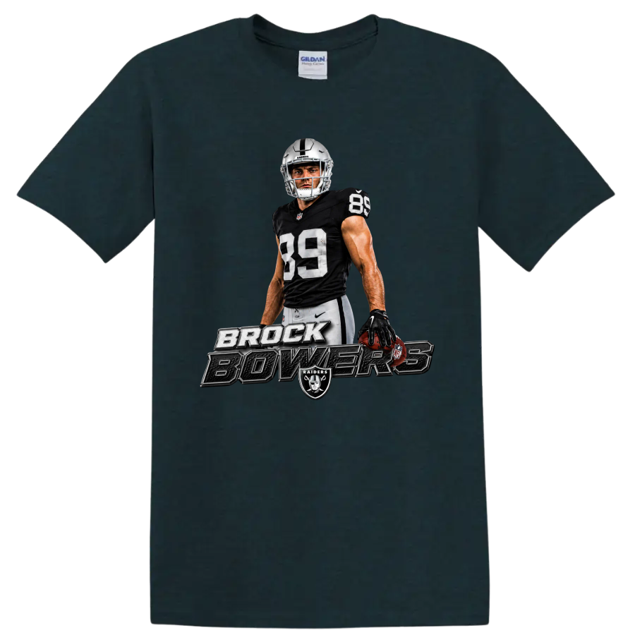 Brock Bowers Raiders No. 89 football player graphic with metallic name lettering on a Midnight (Green) T Shirt