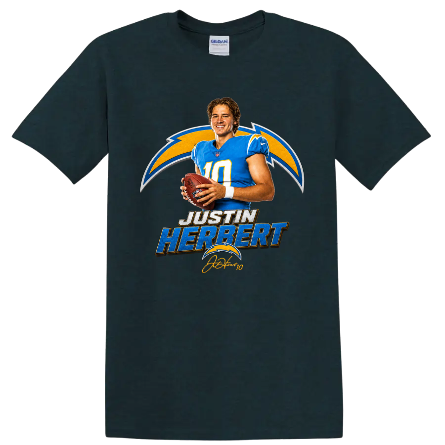 Justin Herbert Chargers quarterback graphic with football, lightning bolts, and player on a Midnight (Green) T Shirt