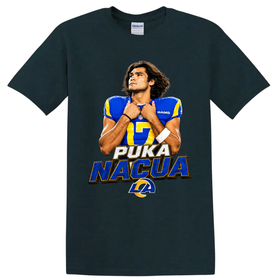 Puka Nacua Rams number 17 football portrait with PUKA NACUA text and horn emblem on a Midnight (Green) T Shirt