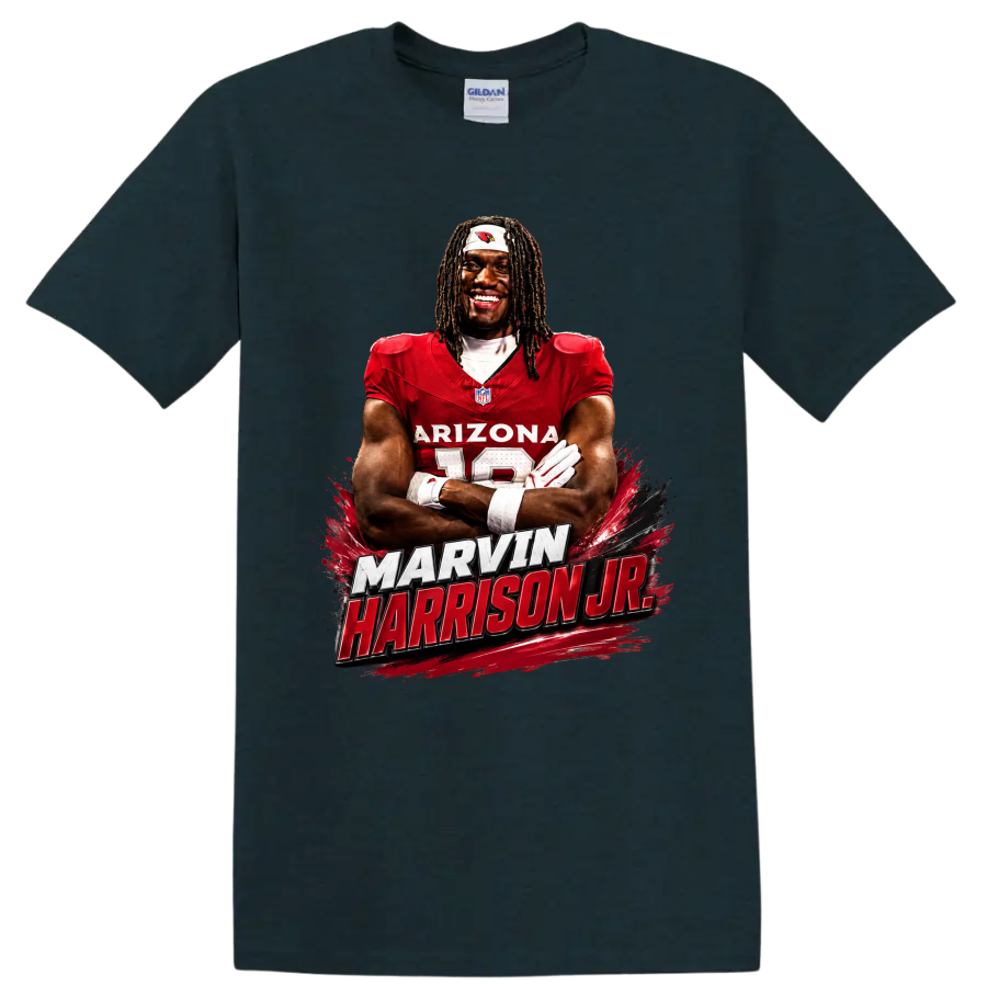 Marvin Harrison Jr Arizona Cardinals wide receiver portrait with bold name lettering on a Midnight (Green) T Shirt