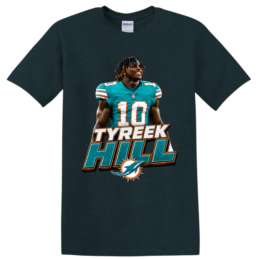 Tyreek Hill Miami Dolphins number 10 football portrait with TYREEK HILL text on a Midnight (Green) T Shirt