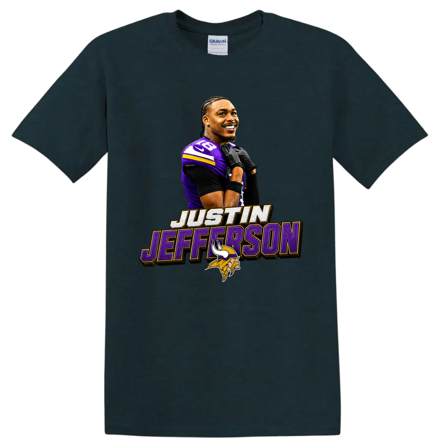 Justin Jefferson Minnesota Vikings player graphic with number 18 and name lettering on a Midnight (Green) T Shirt