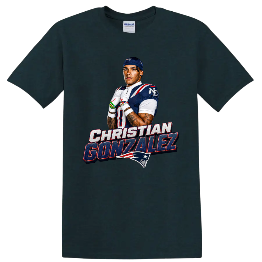 Christian Gonzalez Patriots football portrait with player-name lettering and team logo on a Midnight (Green) T Shirt