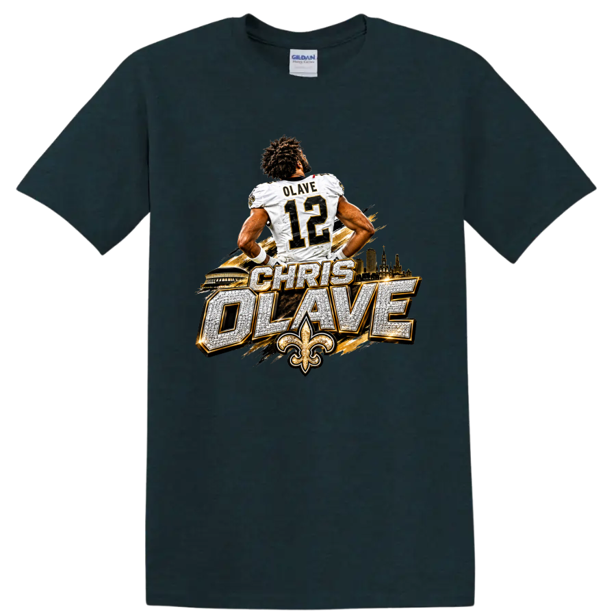 Chris Olave number 12 Saints football graphic with skyline, fleur-de-lis, and bold on a Midnight (Green) T Shirt