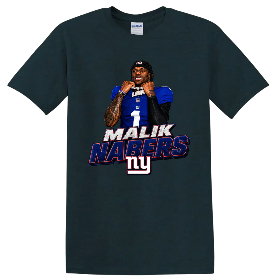 Malik Nabers New York Giants number 1 portrait graphic with MALIK NABERS lettering on a Midnight (Green) T Shirt
