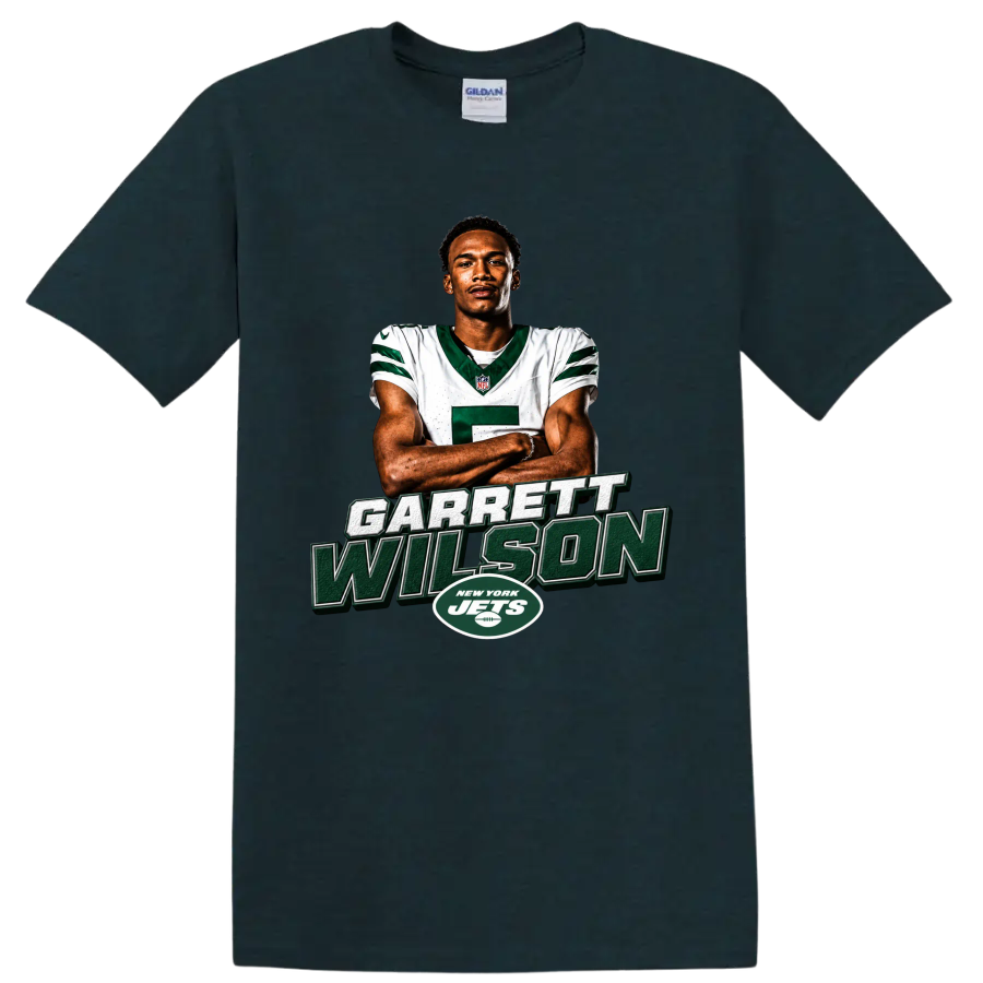 Garrett Wilson New York Jets player portrait with bold name lettering and team logo on a Midnight (Green) T Shirt