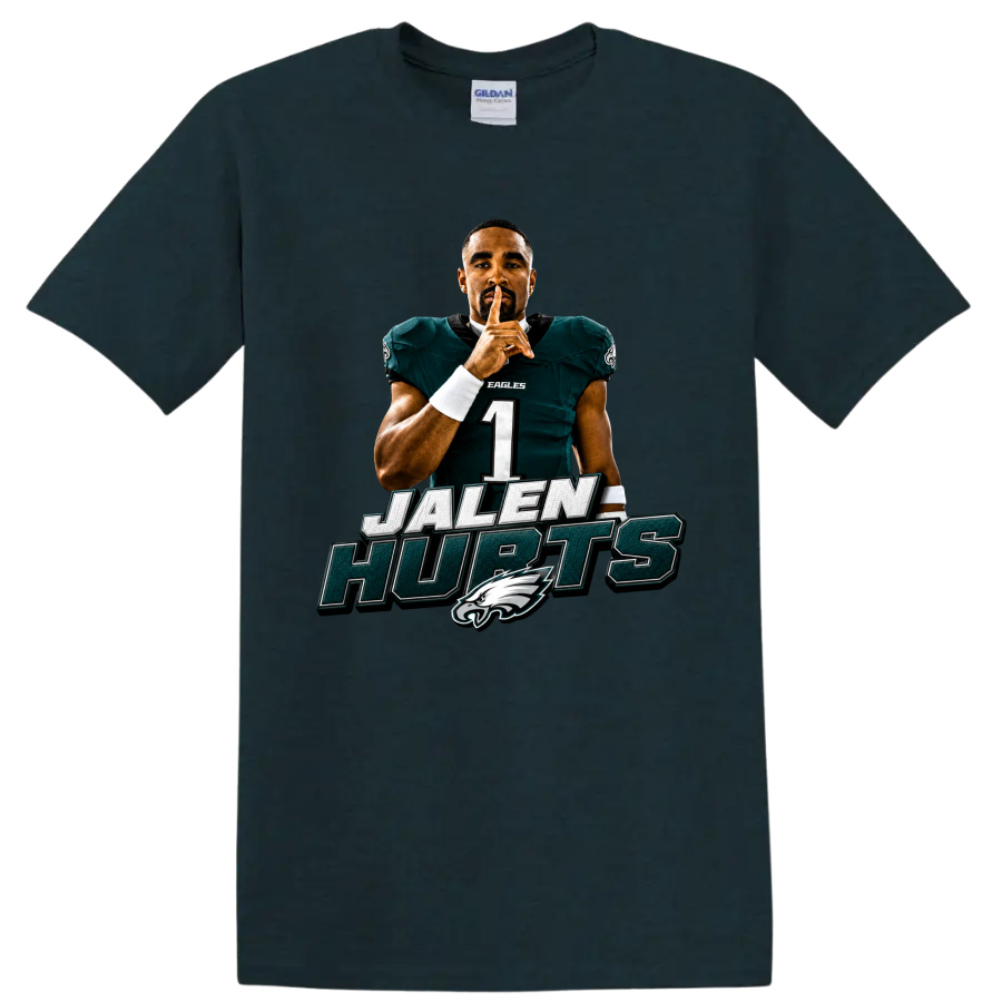 Jalen Hurts Eagles quarterback shush pose with JALEN HURTS text and bird-head emblem on a Midnight (Green) T Shirt