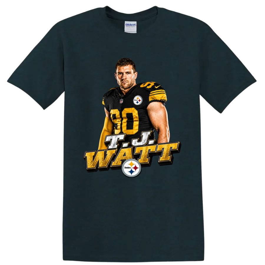 T.J. Watt Pittsburgh Steelers number 90 portrait with metallic T.J. Watt lettering on a Midnight (Green) T Shirt