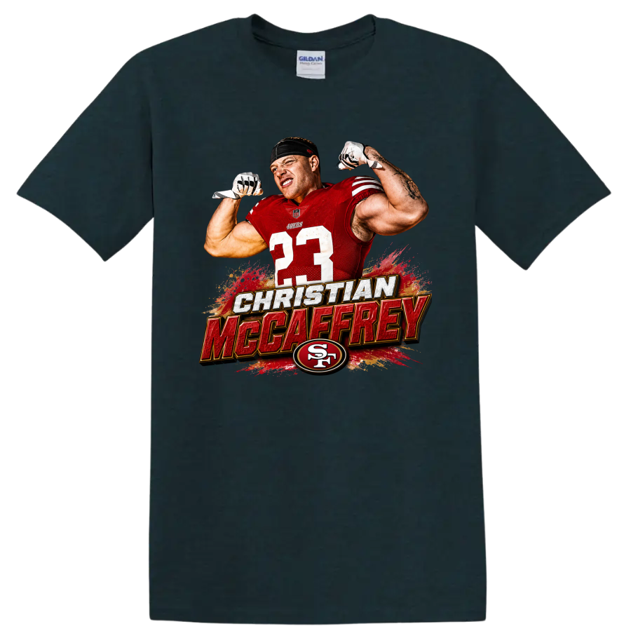 Christian McCaffrey flexing in 49ers number 23 jersey with bold name graphic on a Midnight (Green) T Shirt