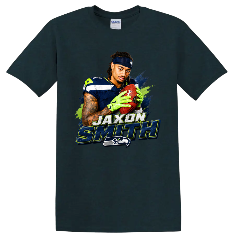 Jaxon Smith-Njigba Seahawks football portrait with distressed name lettering on a Midnight (Green) T Shirt
