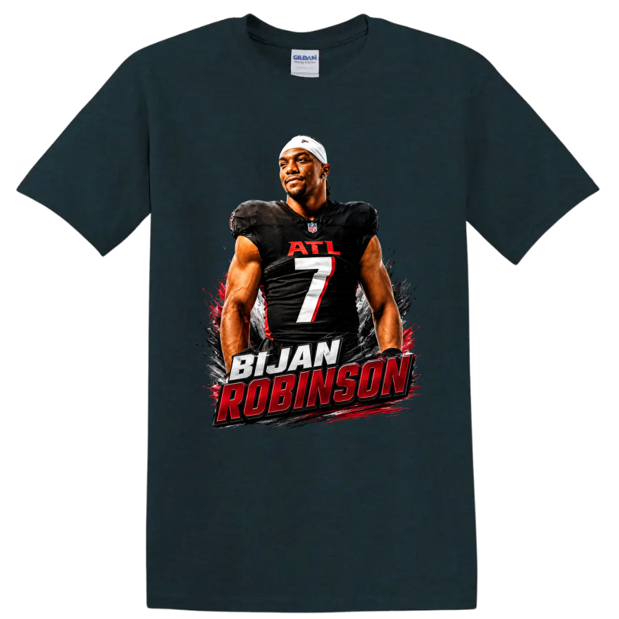Bijan Robinson Atlanta Falcons number 7 football portrait with bold name lettering on a Midnight (Green) T Shirt