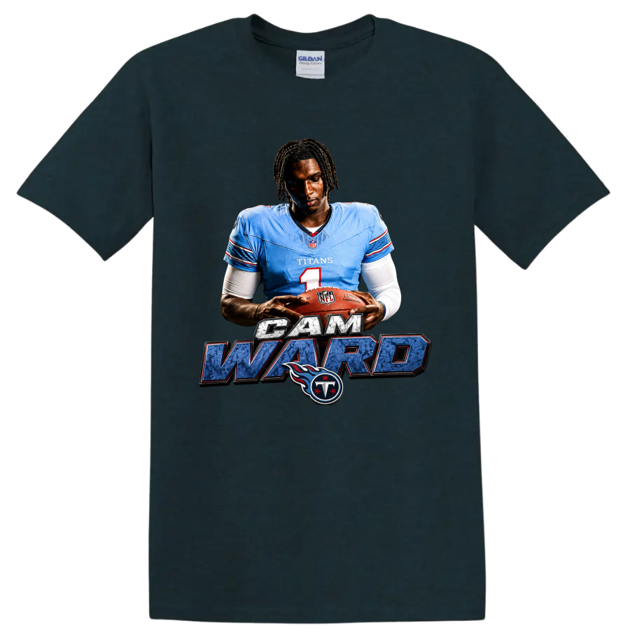 Cam Ward Tennessee Titans quarterback graphic with football, name lettering, and team logo on a Midnight (Green) T Shirt