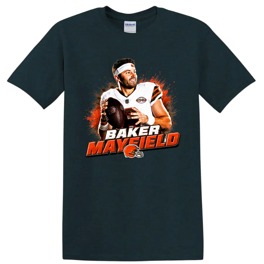 Baker Mayfield Cleveland Browns football graphic with distressed lettering and helmet on a Midnight (Green) T Shirt