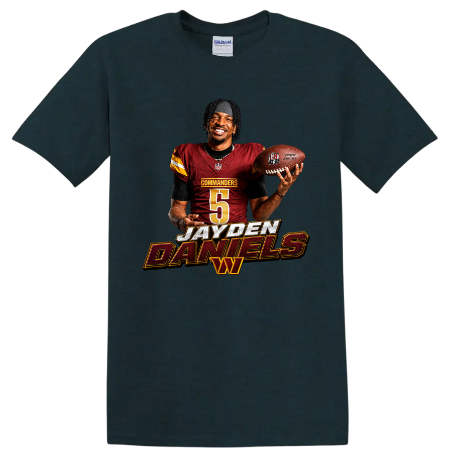 Jayden Daniels Washington Commanders quarterback graphic with football and bold name on a Midnight (Green) T Shirt