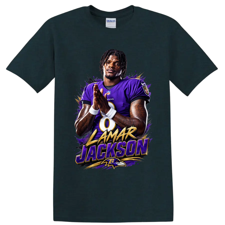 Lamar Jackson Ravens quarterback portrait with gold name text and purple paint-splash art on a Midnight (Green) T Shirt