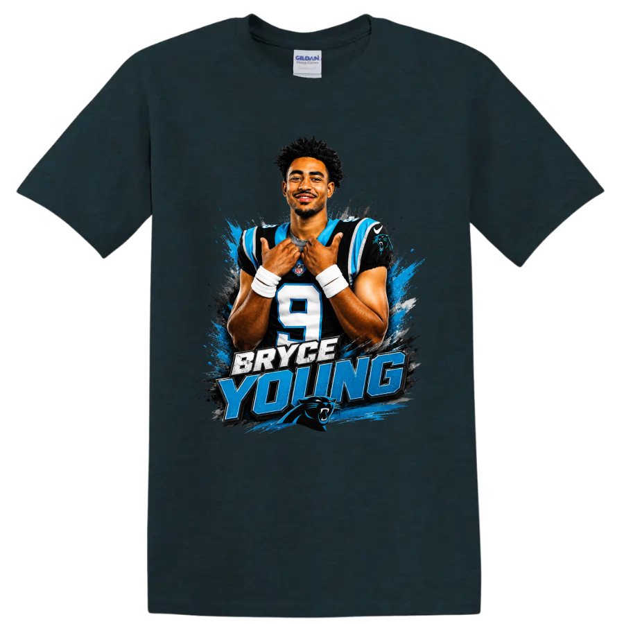 Bryce Young Carolina Panthers number 9 portrait with bold Bryce Young lettering on a Midnight (Green) T Shirt