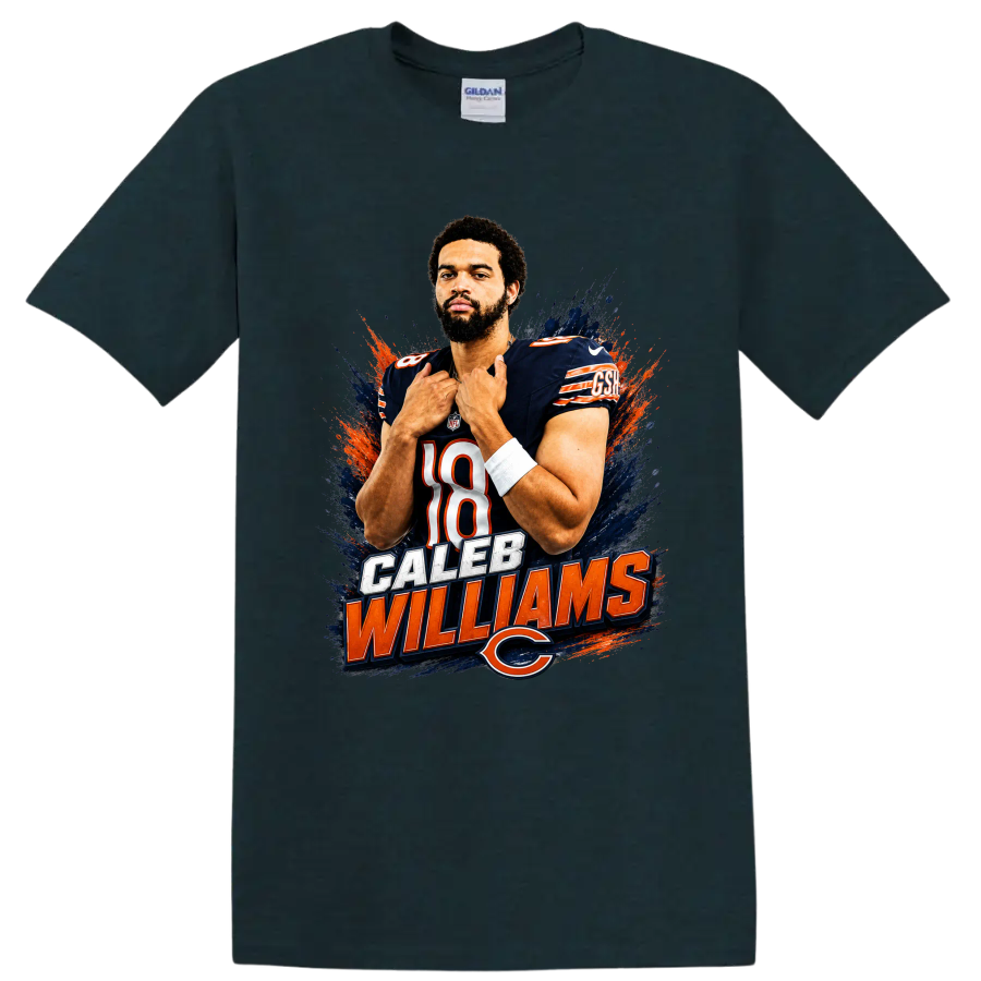 Caleb Williams Chicago Bears number 18 portrait with paint splashes and name lettering on a Midnight (Green) T Shirt