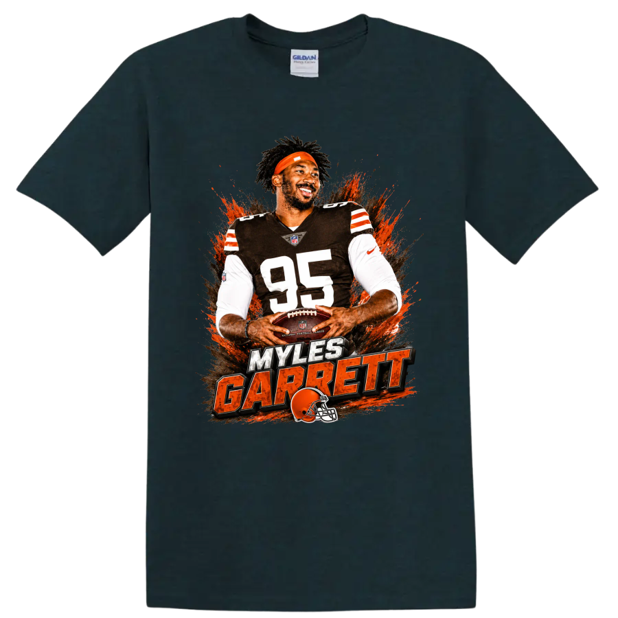 Myles Garrett number 95 Cleveland Browns football graphic with orange paint splashes on a Midnight (Green) T Shirt