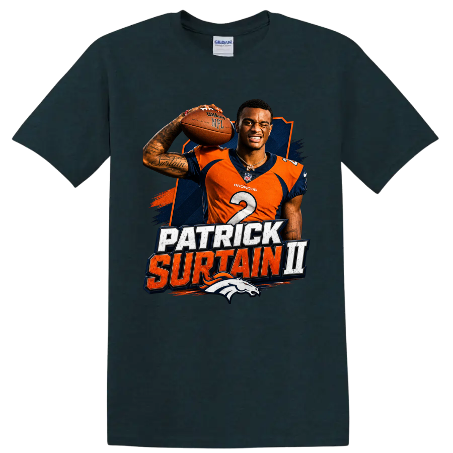 Patrick Surtain II Broncos football player graphic with distressed name lettering on a Midnight (Green) T Shirt