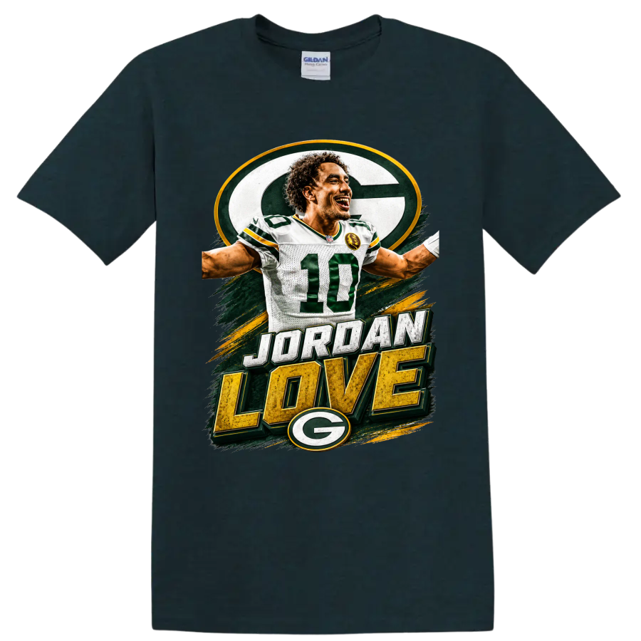 Jordan Love Green Bay Packers number 10 graphic with distressed JORDAN LOVE text on a Midnight (Green) T Shirt