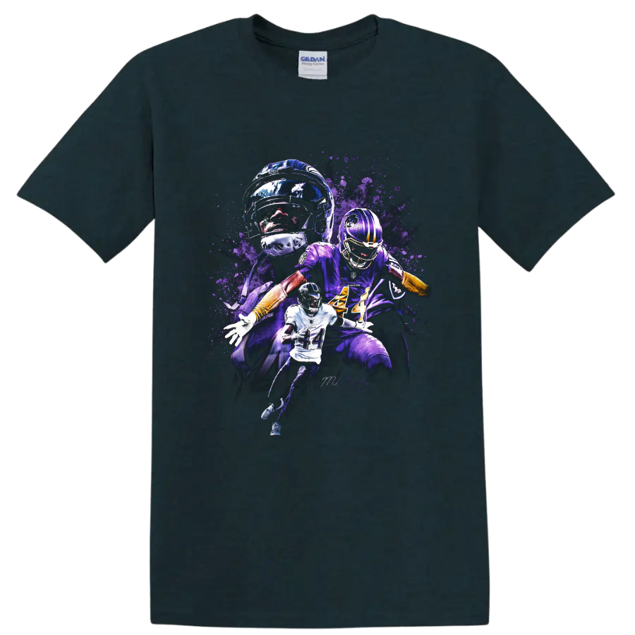 Justin Jefferson Minnesota Vikings wide receiver action collage with purple splatter art on a Midnight (Green) T Shirt