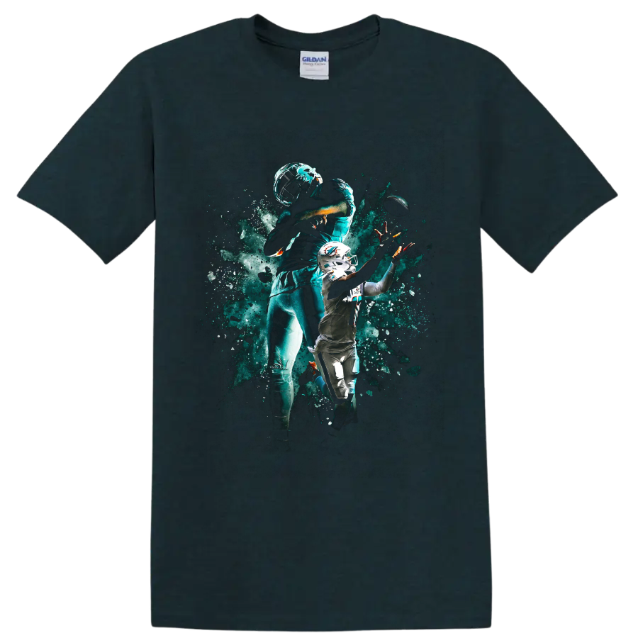 Tua Tagovailoa Miami Dolphins quarterback action art with helmet and football on a Midnight (Green) T Shirt