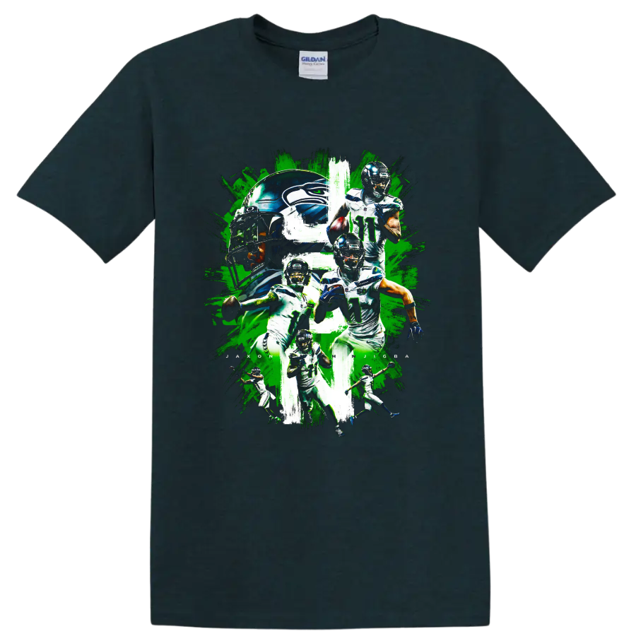 Jaxon Smith-Njigba Seahawks number 11 football action collage with helmet artwork on a Midnight (Green) T Shirt