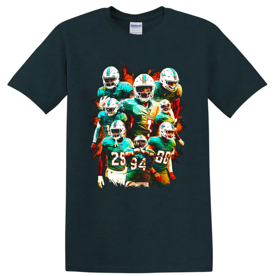 Tua Tagovailoa Miami Dolphins quarterback collage with fiery football artwork on a Midnight (Green) T Shirt