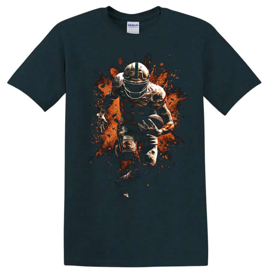 Nick Chubb Cleveland Browns running back action graphic with orange paint splatter on a Midnight (Green) T Shirt