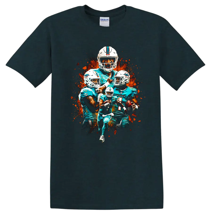 Miami Dolphins Tua Tagovailoa, Tyreek Hill and Jaylen Waddle paint-splatter collage on a Midnight (Green) T Shirt