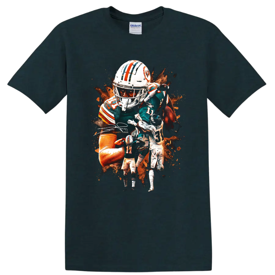 DeVante Parker Miami Dolphins action football collage with orange paint splashes on a Midnight (Green) T Shirt