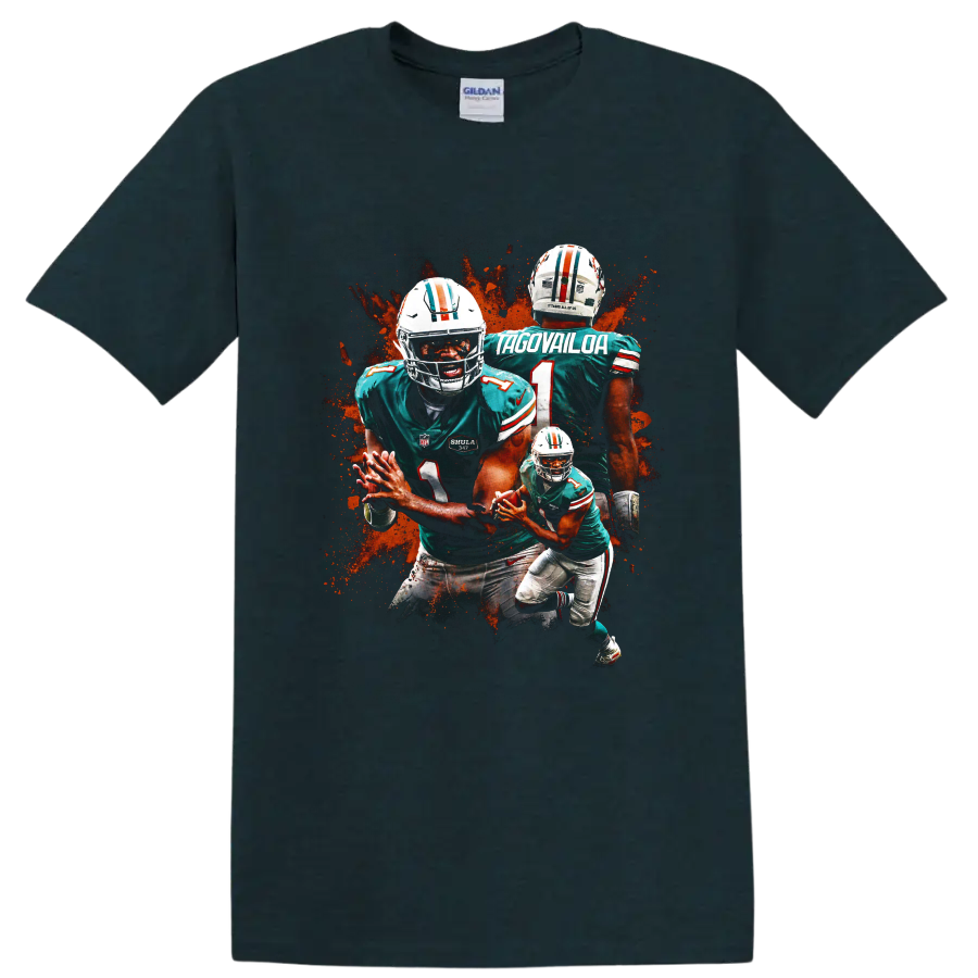 Tua Tagovailoa Miami Dolphins action graphic with layered football poses on a Midnight (Green) T Shirt