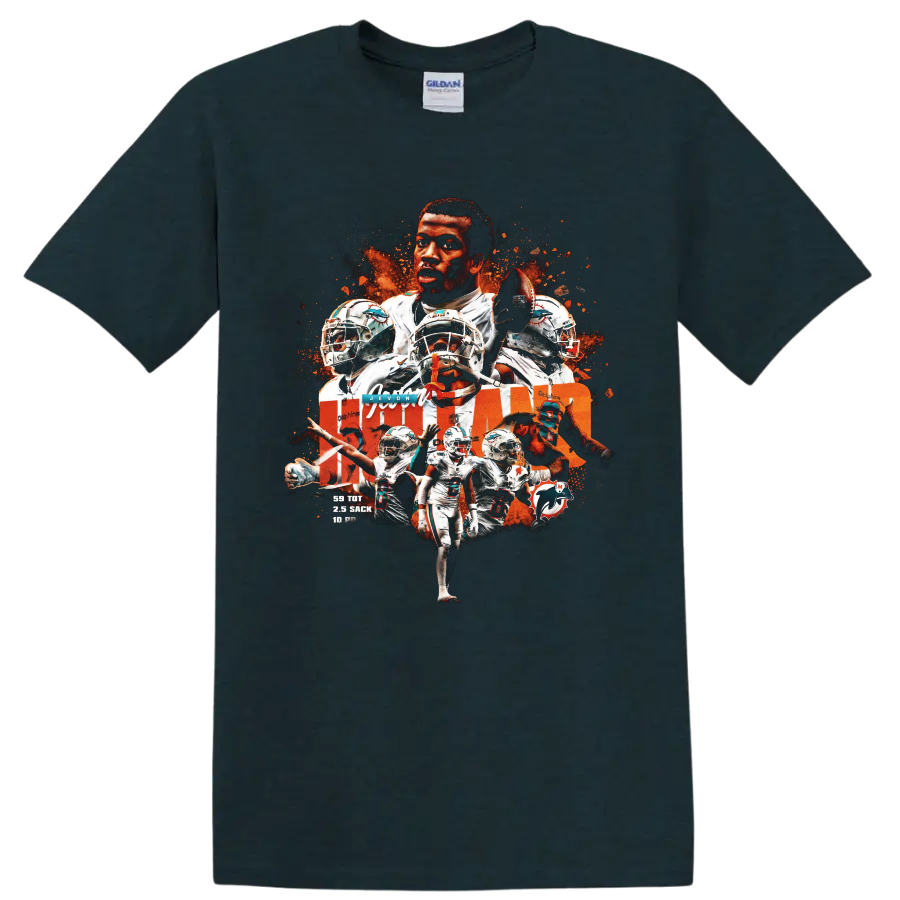 Jevon Holland Miami Dolphins safety action collage with helmets and football on a Midnight (Green) T Shirt