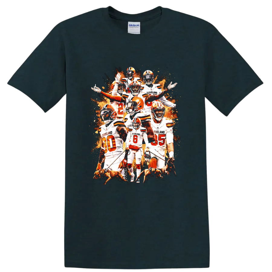 Baker Mayfield Cleveland Browns football collage with orange helmets and dogs on a Midnight (Green) T Shirt