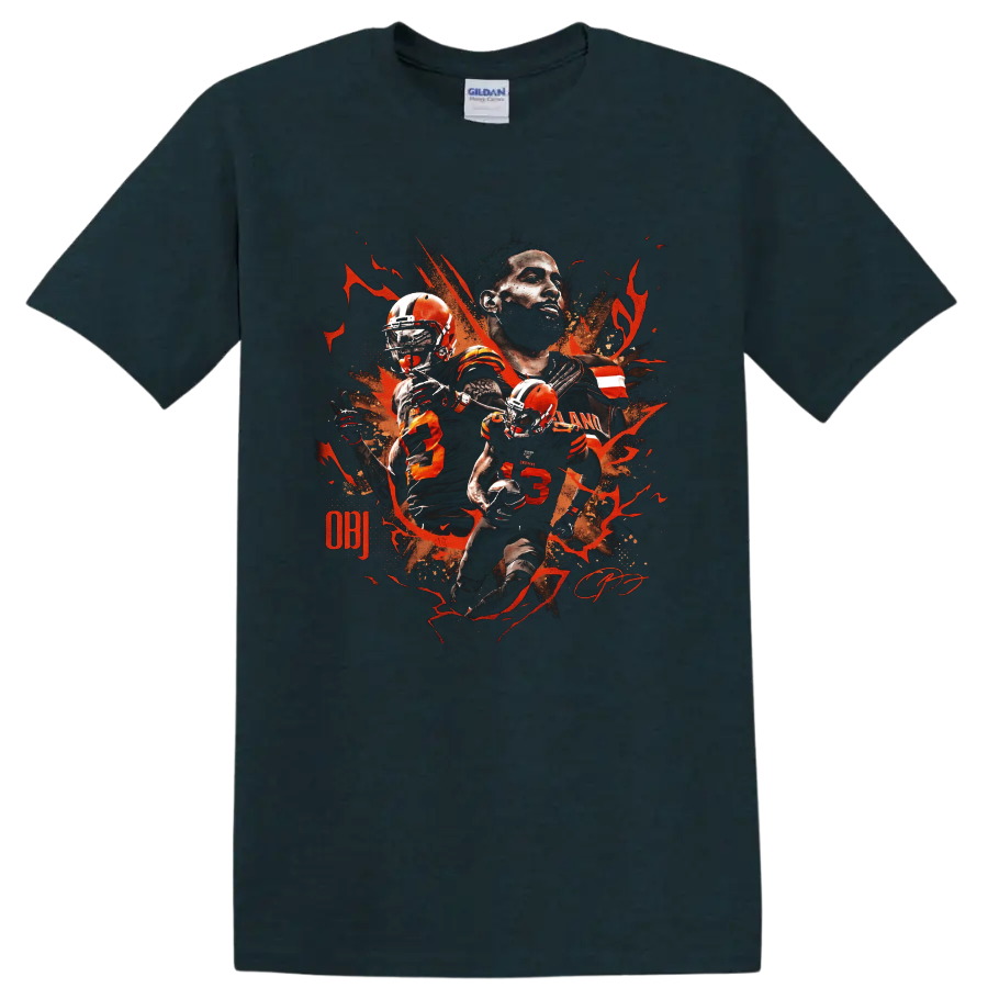 Odell Beckham Jr Cleveland Browns action portrait graphic with orange splatter on a Midnight (Green) T Shirt
