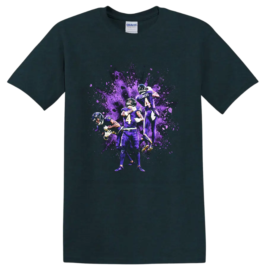 Zay Flowers Baltimore Ravens football action graphic with purple paint splash on a Midnight (Green) T Shirt
