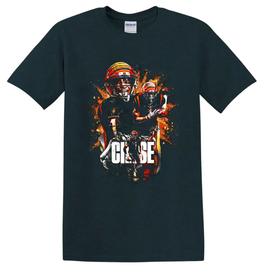 Ja'Marr Chase Bengals football collage with tiger, fiery splatter, and CHASE text on a Midnight (Green) T Shirt