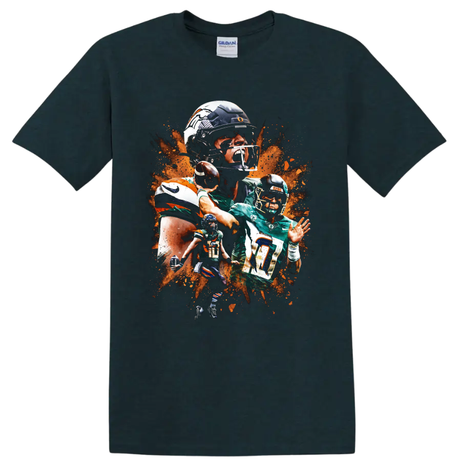 Bo Nix Denver Broncos quarterback collage with number 10 action poses and orange splatter on a Midnight (Green) T Shirt
