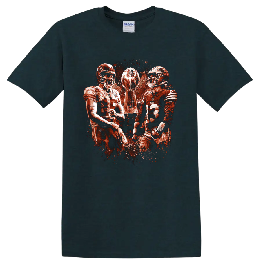 Patrick Mahomes and Brock Purdy with Lombardi Trophy in distressed football art on a Midnight (Green) T Shirt