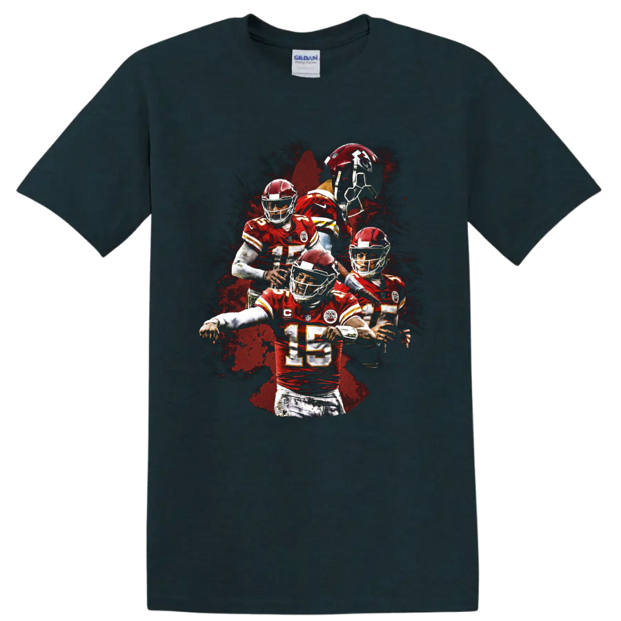Patrick Mahomes Kansas City Chiefs number 15 action collage with red paint-splatter art on a Midnight (Green) T Shirt