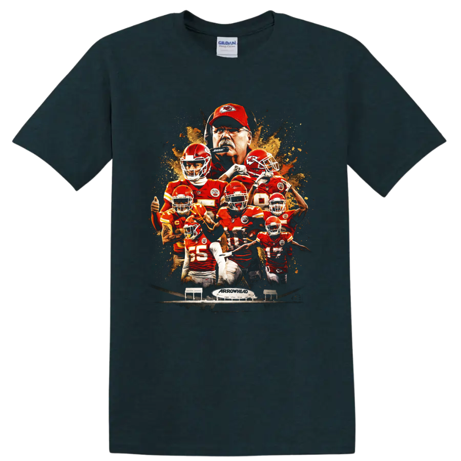 Kansas City Chiefs Mahomes and Reid paint-splatter football collage with Arrowhead on a Midnight (Green) T Shirt